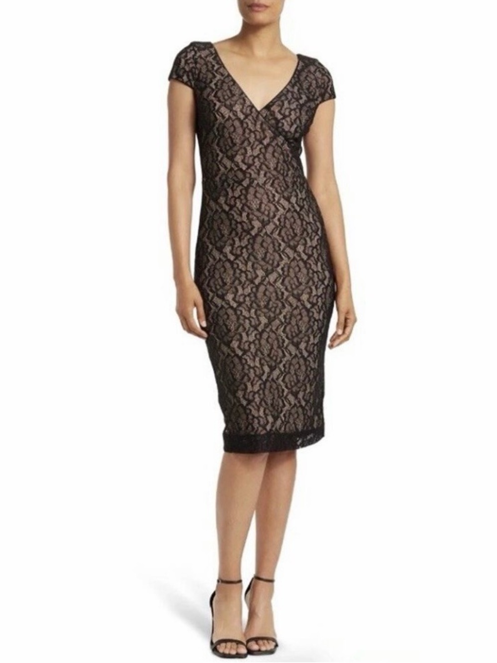 DRESS THE POPULATION Floral Lace Cap Sleeve Faux Wrap dress in Medium